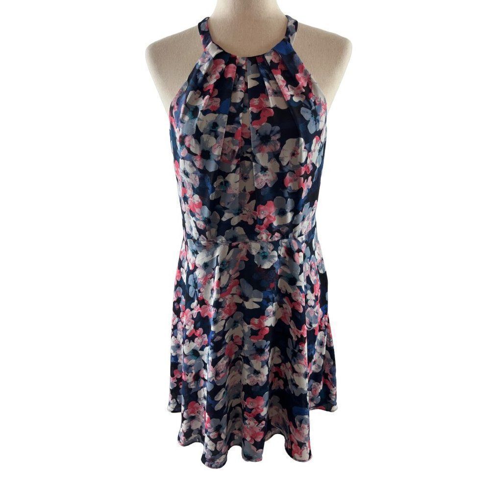 Express Floral Chiffon Sleeveless Halter Fit and Flare Dress Size 12 Navy Blue